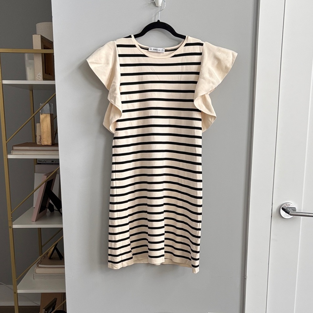 Zara Black and Cream Striped Ruffle Mini Dress
